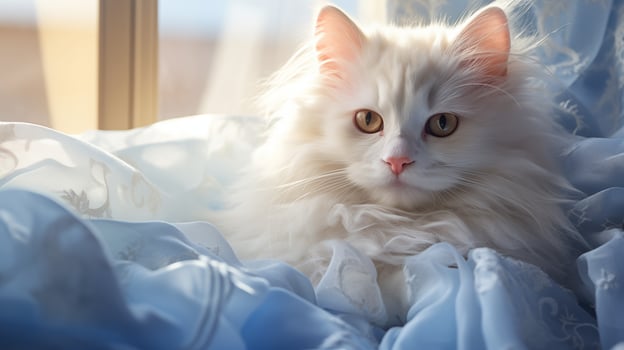 AI generated Charming White Kitten with Bright Blue Eyes Resting Gracefully photo