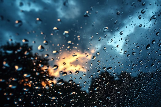AI generated Large drops of rain on the glass or hood of a car with the sky reflected. Generated by artificial intelligence photo