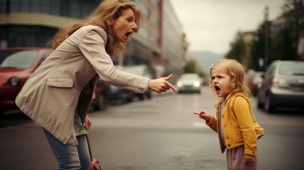 AI generated Mother scolding her little daughter in street. Child is crying and woman is shaking finger, photo