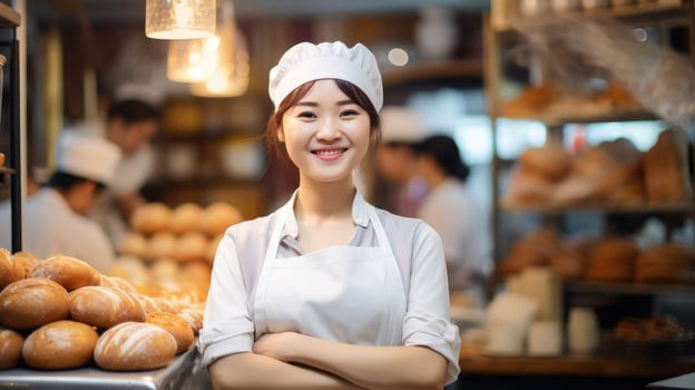 AI generated Smiling asian female bakers looking at the camera, Chefs baker in a chef dress and hat, photo