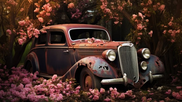 AI generated Very old car on a background of flowers, photo