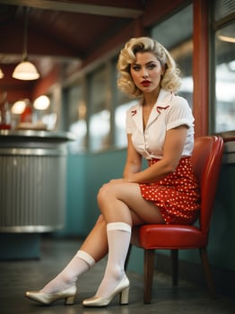 AI generated A woman wearing vintage styled white blouse and red polka dot skirt, Seated in Retro Diner Booth Evoking 1950s Era, classic makeup, blond curled hairstyle, and white heeled shoes photo