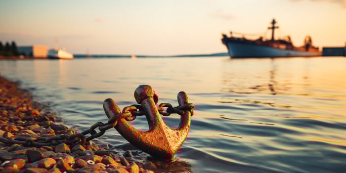 AI generated Ship Anchor on Sunset Background in Coastal Harbor photo