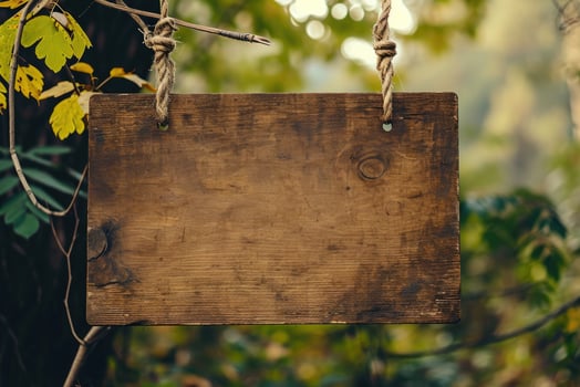 AI generated Empty advertising board on thread outdoors in nature. Wooden blank banner hanging on ropes. Place for text. photo