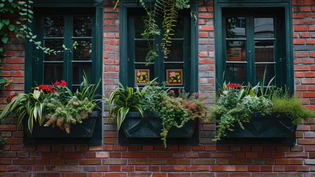 AI generated Window boxes with plants on the side of a brick building photo