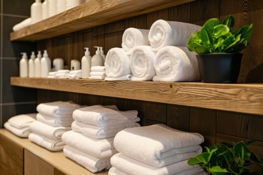 AI generated Shelf with towels at hotel spa. photo