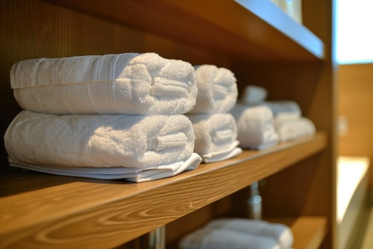 AI generated Shelf with towels at hotel spa. photo