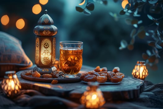 AI generated Islamic holy Ramadan dates fruits and drinks background photo