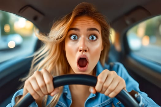 AI generated Woman driving car with her mouth open and looking forward photo