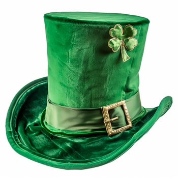 AI generated Illustration of a green leprechaun top hat with a green clover quatrefoil. Concept for St. Patrick's Day. Classic retro vintage top hat isolated on white background photo