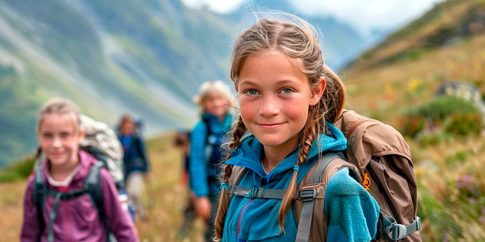 AI generated Photorealistic image. Hiking of young people in the mountains. photo
