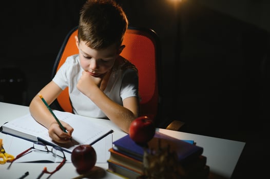 boy doing homework at home in evening photo