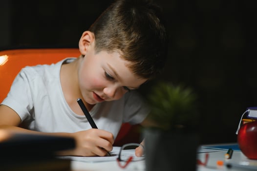 boy doing homework at home in evening photo