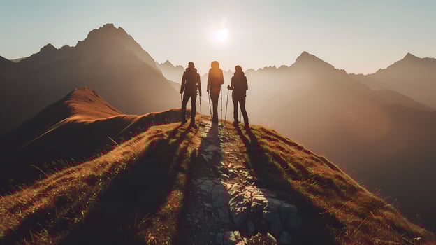 AI generated Group of sporty people hiking in mountain photo
