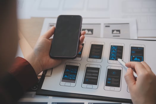 UX UI design process for modish mobile application and website . Creative prototype of wireframe for professional app developer . photo
