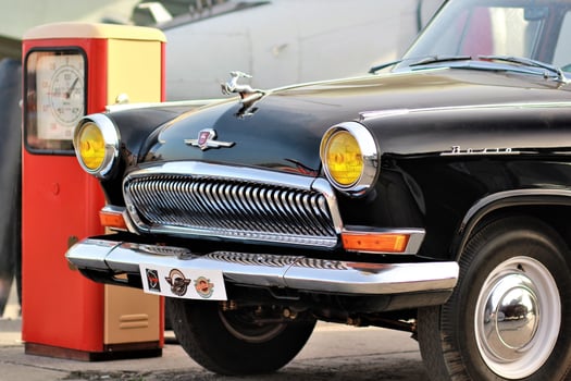 Kyiv, Ukraine, 30 April 2017 - Vintage soviet car Volga near the old gas station at the Old Car Land Festival photo