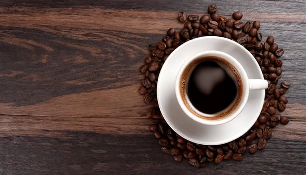 AI generated Top shot of a coffee cup under coffee beans on a dark wooden table with free space for text photo