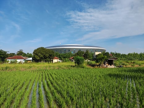 The modern UFO-designed building contains a wooded park, education and sports center photo