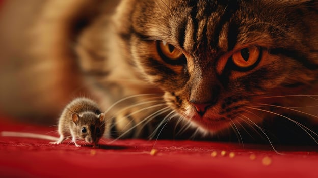 AI generated Playful cat engages with tiny gerbil mouse on table. Ai Generated. photo