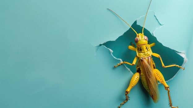 AI generated A humorous grasshopper peers through a ripped hole in a contrast pastel color paper background, Ai Generated photo