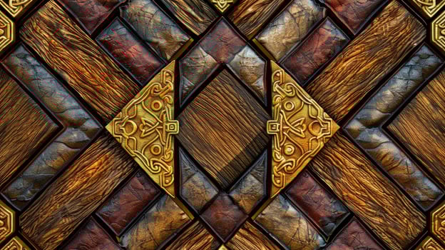 AI generated Elevate your space with a 3D wallpaper mimicking a luxurious wood and gold mosaic decor. Ai Generated. photo