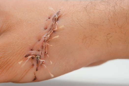 Close-up of a hand wound with stitches photo