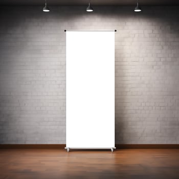 AI generated Empty roll up banner mockup on white brick wall with spotlights photo