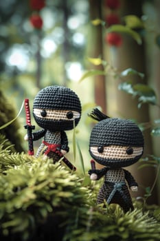 AI generated Whimsical Adventure. Ninja-Themed Amigurumi Characters Embark on an Epic Journey. Dynamic Poses and Dramatic Lighting Create a Playful Scene in Top-Down Shot. photo
