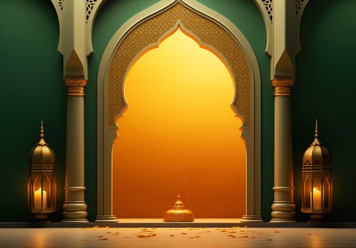AI generated Luxurious Ramadan celebration with an Islamic architecture background in a light black and bronze style. Featuring luxurious wall hangings, light beige and yellow accents, photo