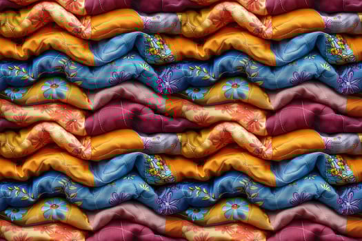 AI generated seamless textile background, folded colorful patchwork quilt made from pieces of fabric photo