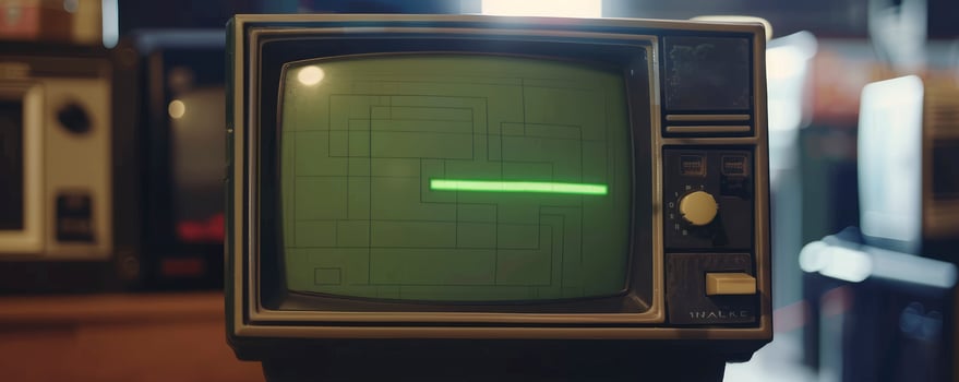AI generated Retro Gaming Vibes. Close-Up of Eighties Inspired Console Arcade Video Game on a Vintage TV Screen. Player Anticipates New Level as Green Progress Bar Moves. photo