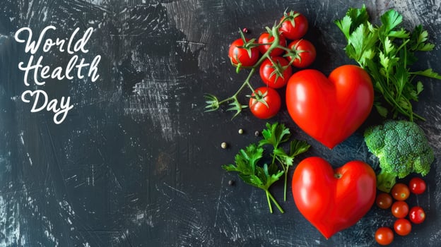 AI generated Heart Shaped fresh veggies with the text World Health Day photo