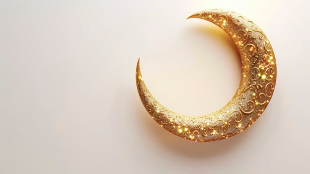 AI generated Eid Golden Half Moon Against a White Background, Evoking the Spirit of Celebration. photo