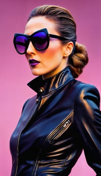 AI generated photo of middle aged woman with glasses and leather suit jacket standing against pink background, generative AI
