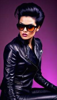 AI generated photo of middle aged woman with glasses and leather suit jacket standing against pink background, generative AI