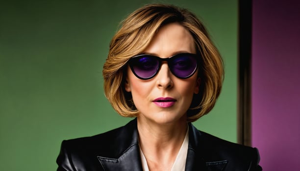 AI generated photo of middle aged woman with leather suit jacket and hand gloves standing against pink background, generative AI