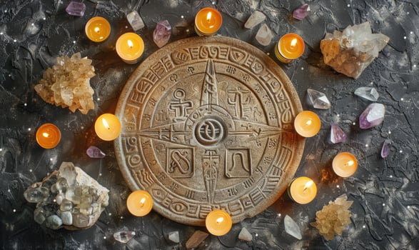 AI generated Ancient astrological sign of Zodiac and burning candles on a dark marble background photo