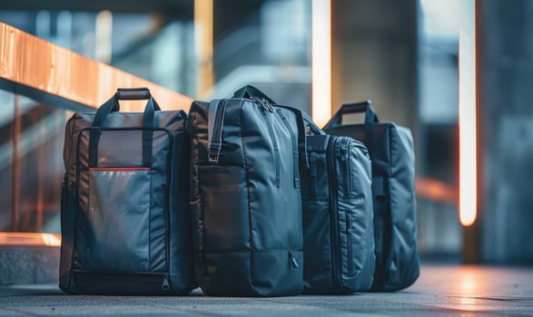 AI generated Group of travel bags on the floor in the airport. Travel concept photo