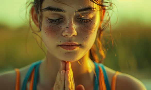 AI generated Young woman meditating in nature at sunset. Close-up. photo