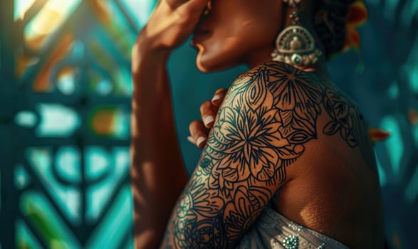 AI generated Close-up of a young woman with henna tattoo on her body photo