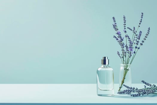AI generated Perfume bottle and flowers on blue background. photo