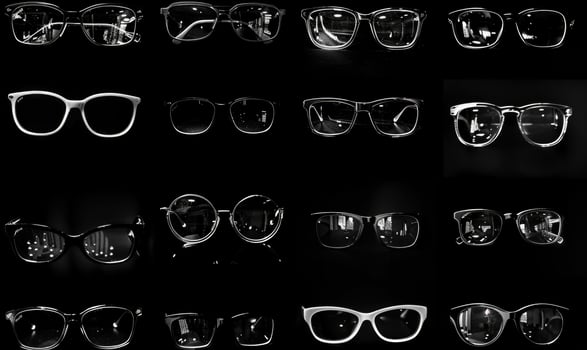 AI generated Collection of eyeglasses on a black background. View from above. photo