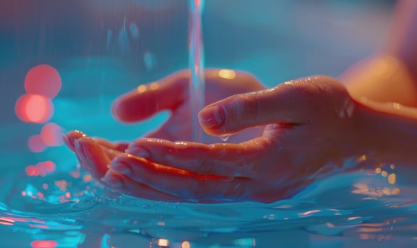 AI generated Close up of woman washing hands in a swimming pool with water. photo