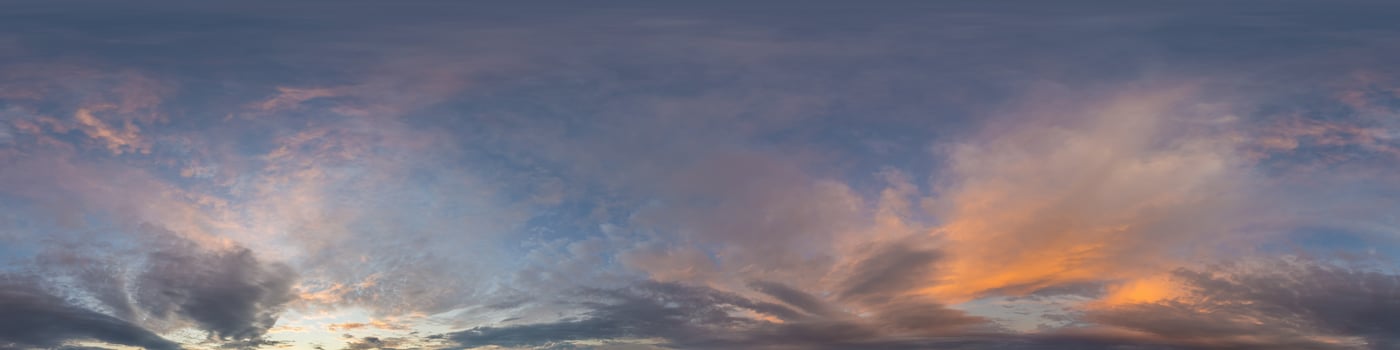 Golden glowing sunset sky panorama with Cirrus clouds. Hdr seamless spherical equirectangular 360 panorama. Sky dome or zenith for 3D visualization and sky replacement for aerial drone 360 panoramas. photo