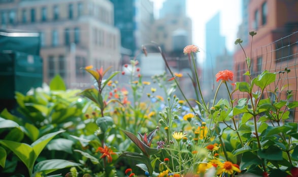 AI generated Urban rooftop garden. Modern skyscrapers, view from a terrace. photo