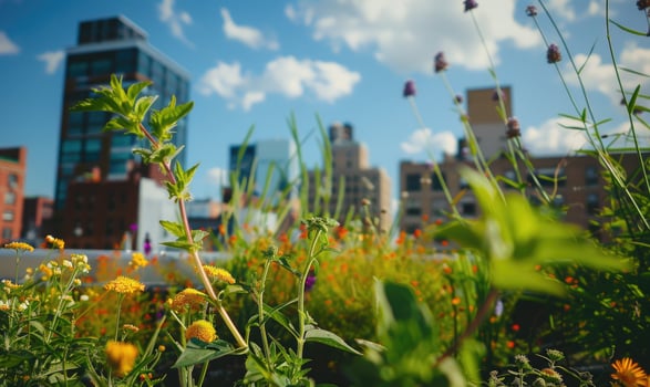 AI generated Urban rooftop garden. Modern skyscrapers, view from a terrace. photo