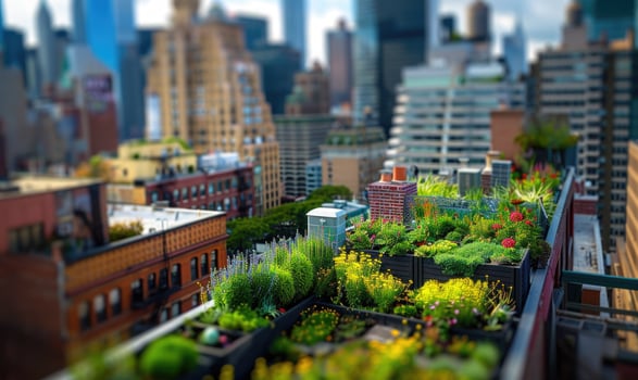 AI generated Urban rooftop garden. Modern skyscrapers, view from a terrace. photo