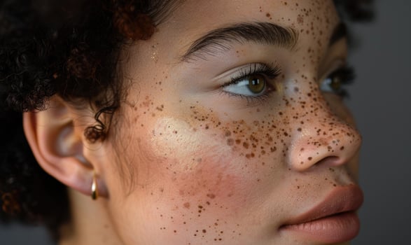 AI generated Close-up portrait of a beautiful girl with freckles on her face photo