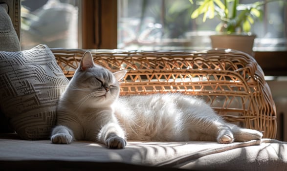 AI generated Beautiful white cat lying on a wicker chair at home. photo