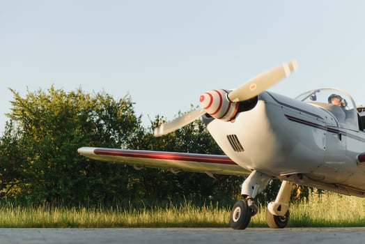 Couple in love having fun near private plane. photo